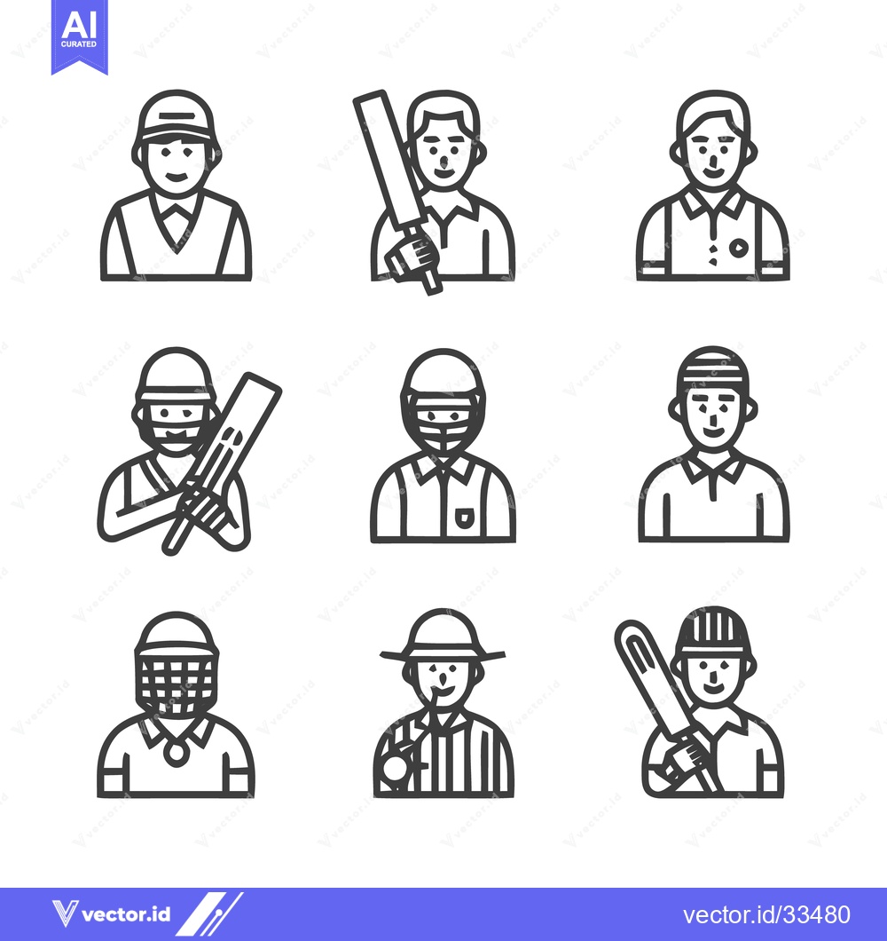 Premium Vector dari Cricket Players and Officials - Line Art Icons Set.