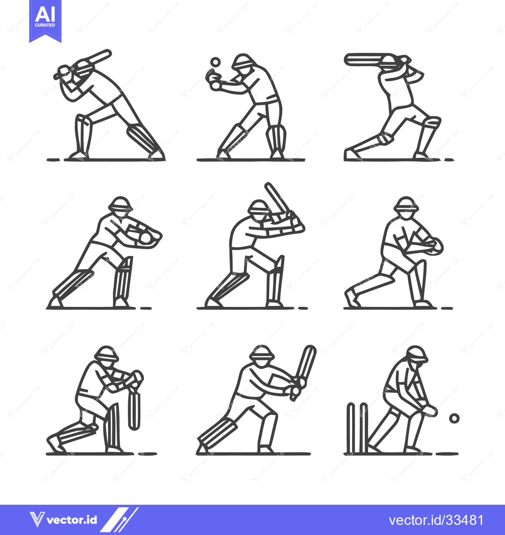 Premium Vector of Cricket Players in Action - A Collection of Line Art Illustrations.