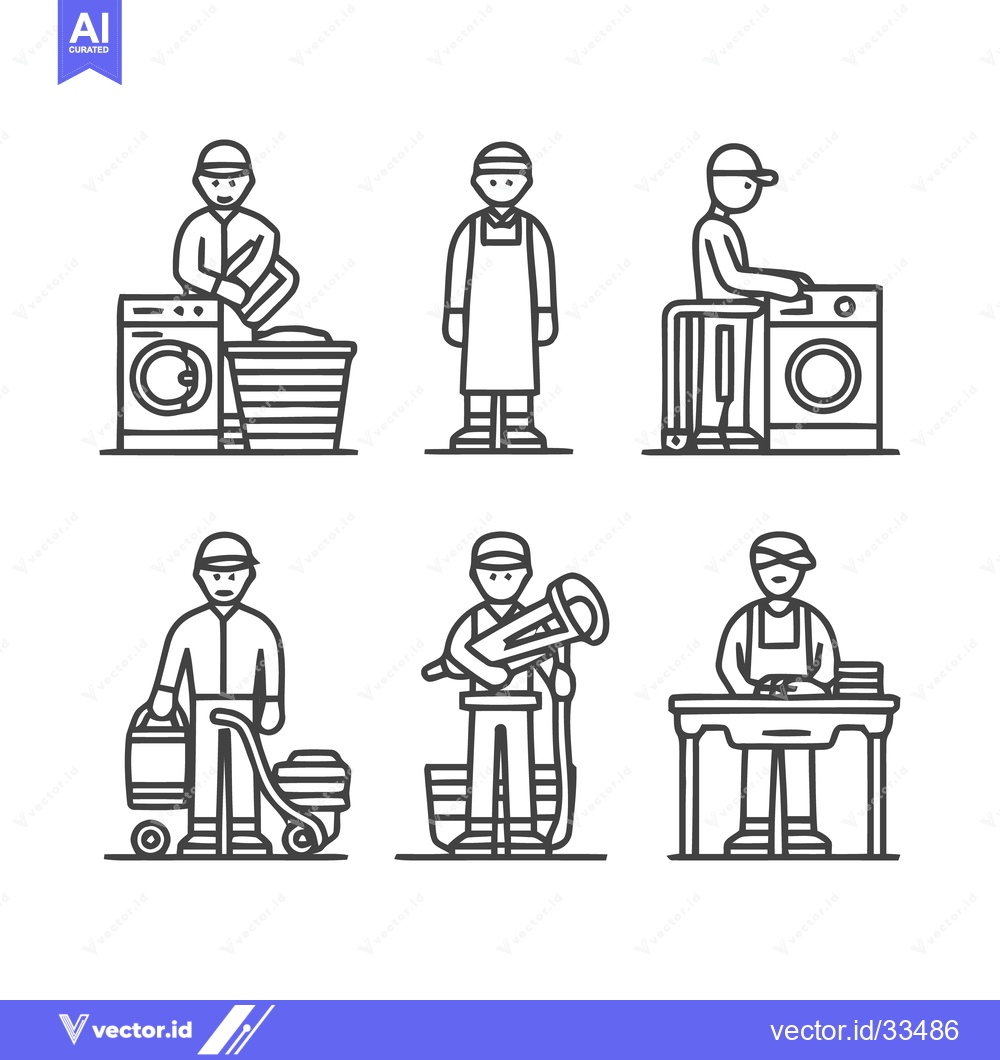 Premium Vector dari Laundry and cleaning service workers in line art style.