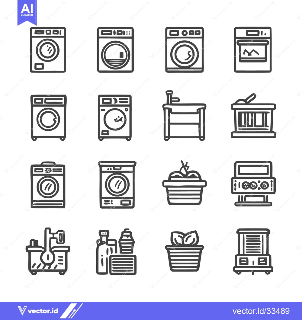 Premium Vector of Household Appliances and Cleaning Supplies Icon Set.
