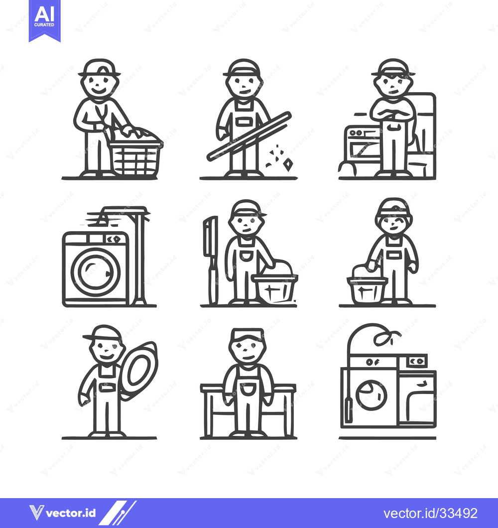 Premium Vector of Cleaning Service Workers in Various Actions and Poses.