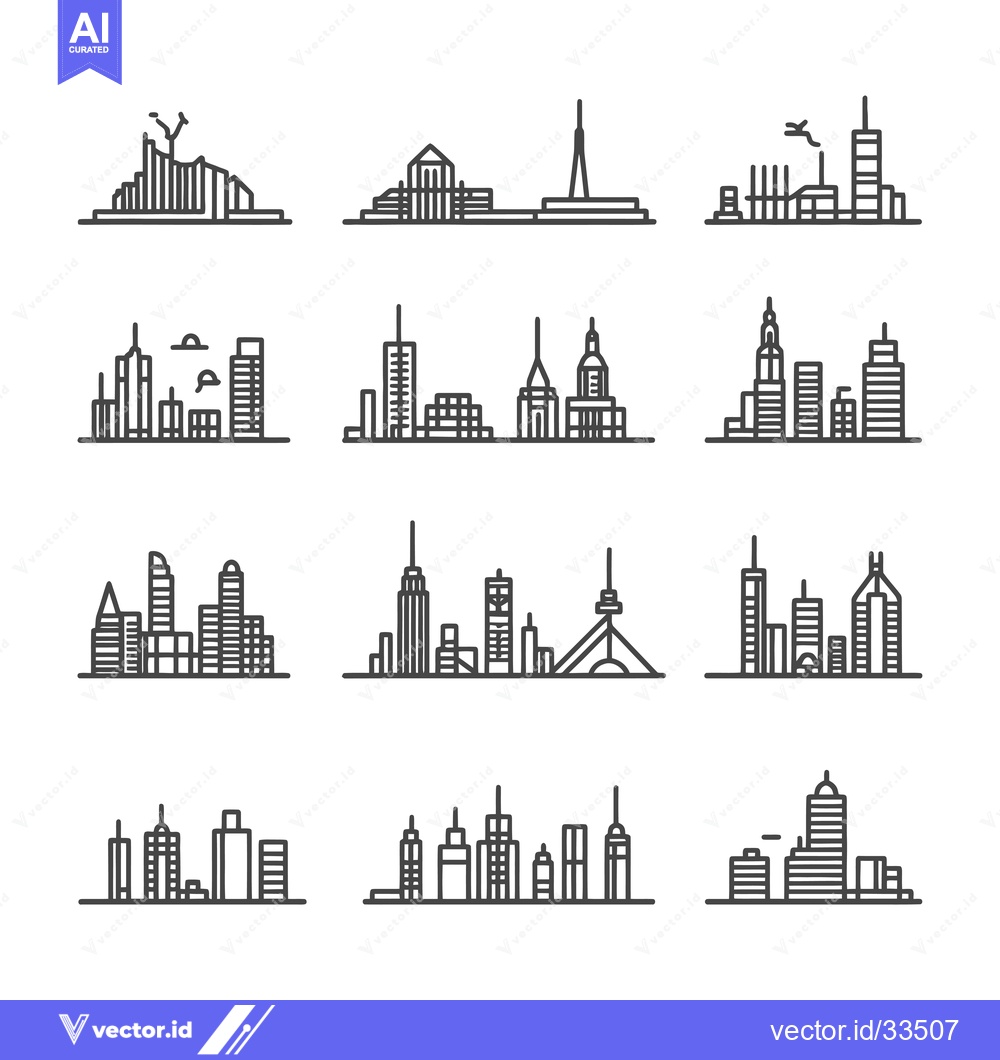 Premium Vector dari Collection of Line Art City Skylines with Different Architectural Styl