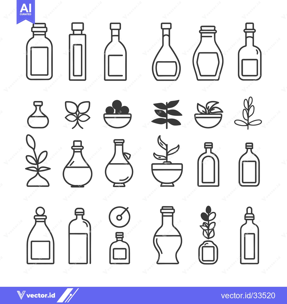 Premium Vector of Collection of Line Art Icons Depicting Olive Oil Bottles, Plants, and