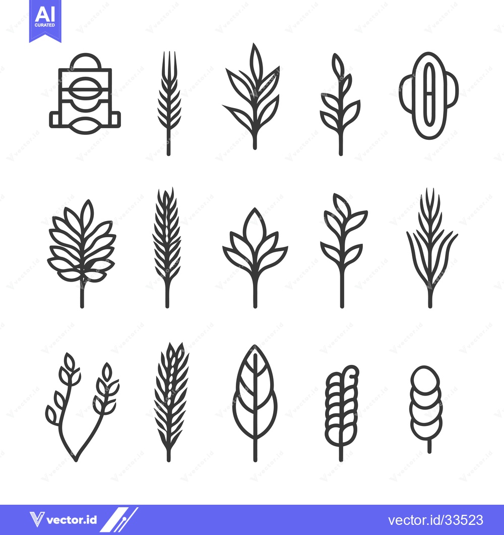 Premium Vector of Collection of Line Art Icons Depicting Various Plants and Wheat