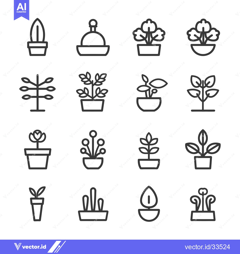 Premium Vector dari Collection of Line Art Icons Depicting Various Types of Indoor Plants