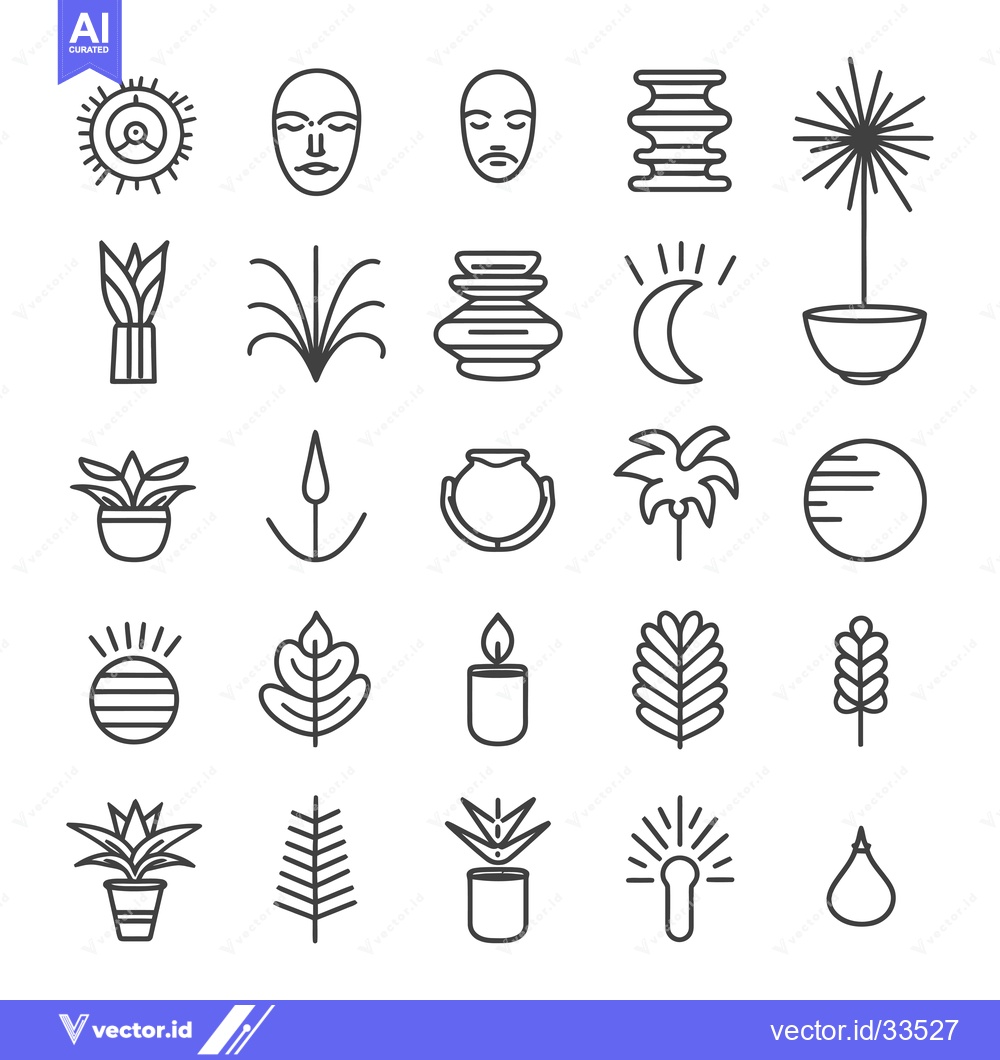 Premium Vector of Collection of Line Art Icons Featuring Plants, Sun, Moon, and Other Na