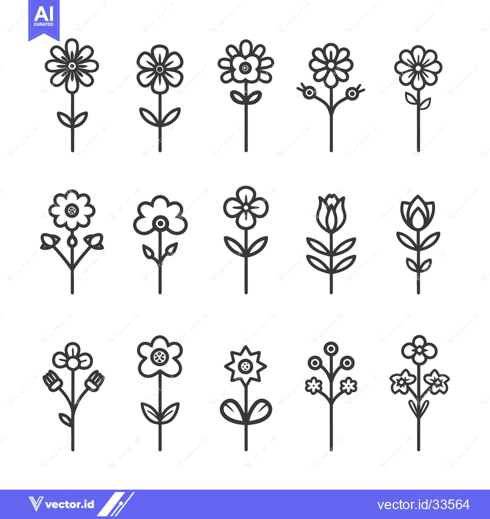 Premium Vector dari Collection of Line Drawings of Different Flowers