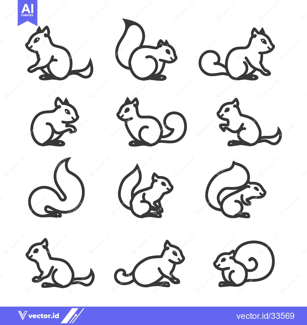 Premium Vector dari Collection of Line Drawings of Sitting Squirrels