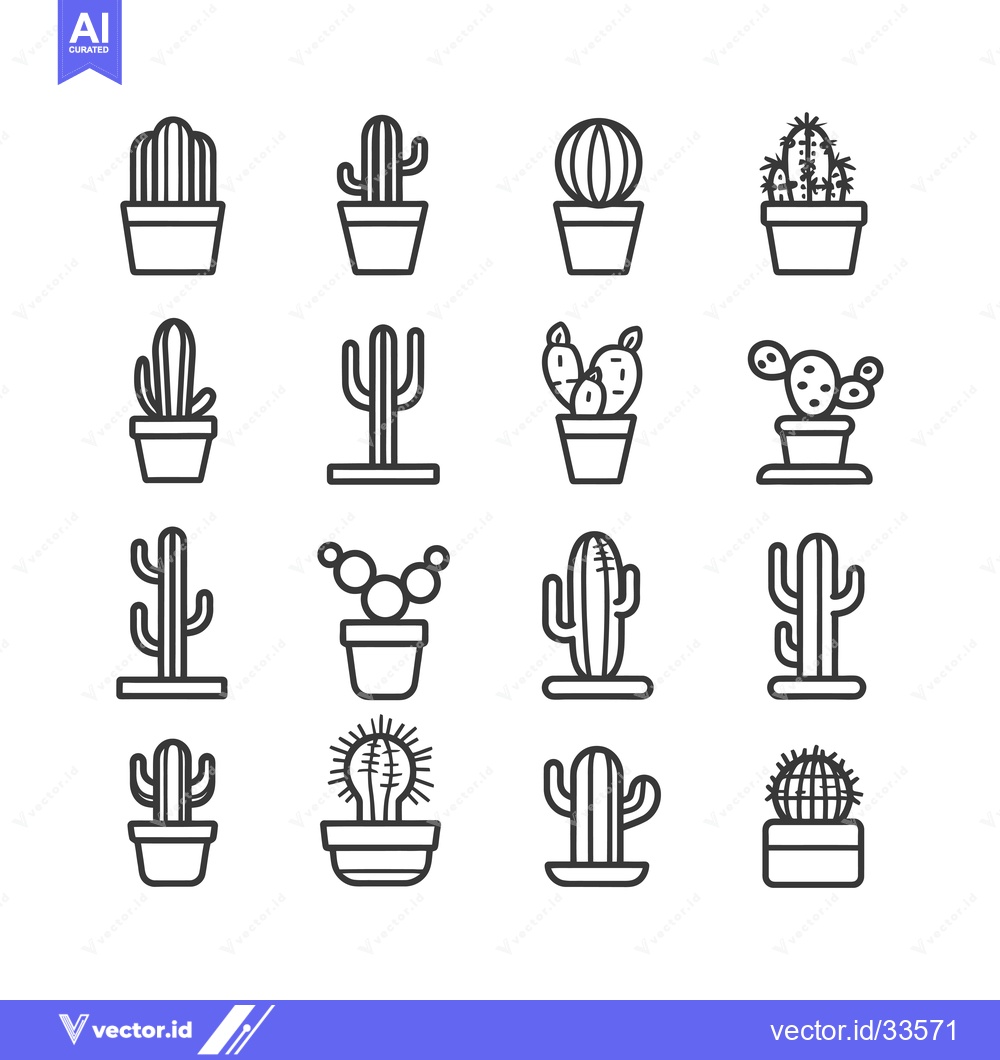 Premium Vector dari Collection of Line Drawings of Various Cactus Plants in Pots