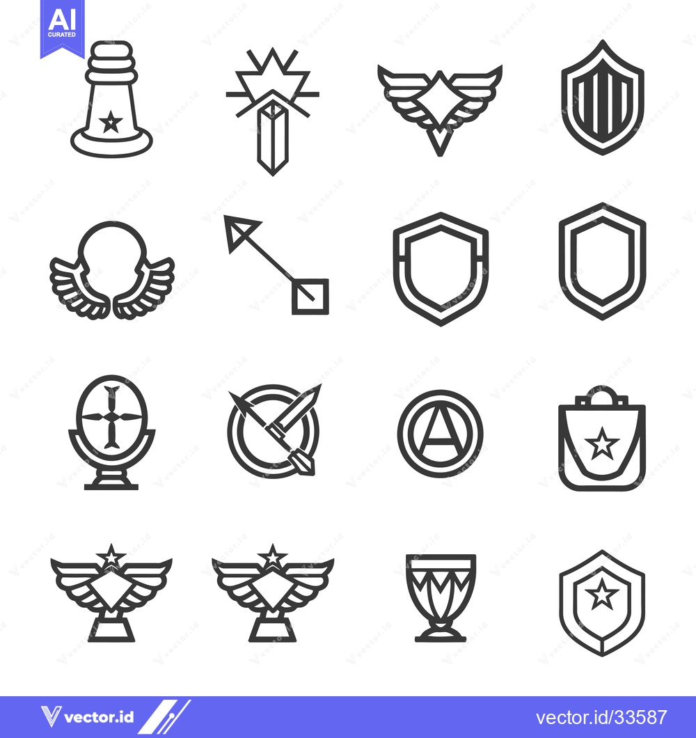 Premium Vector of Collection of Line Icons Featuring Stars, Wings, Shields, and Trophies