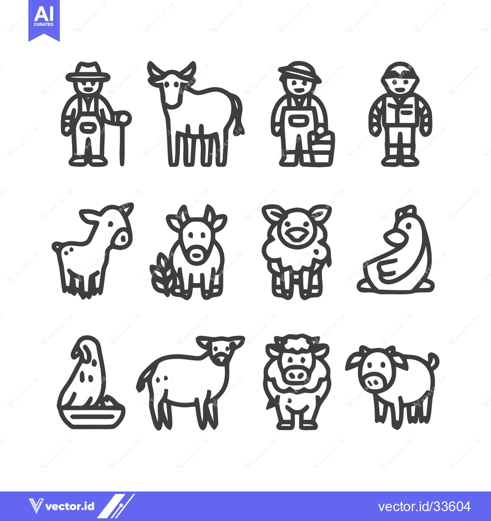 Premium Vector dari Farm Animals and Farmers - A Detailed Line Art Illustration.