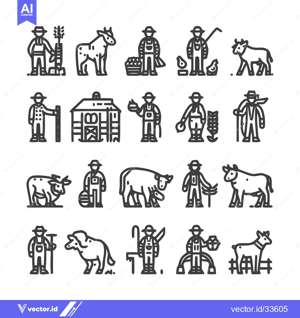 Premium Vector of Farm Life Icons - Farmers, Animals, and Agricultural Elements.