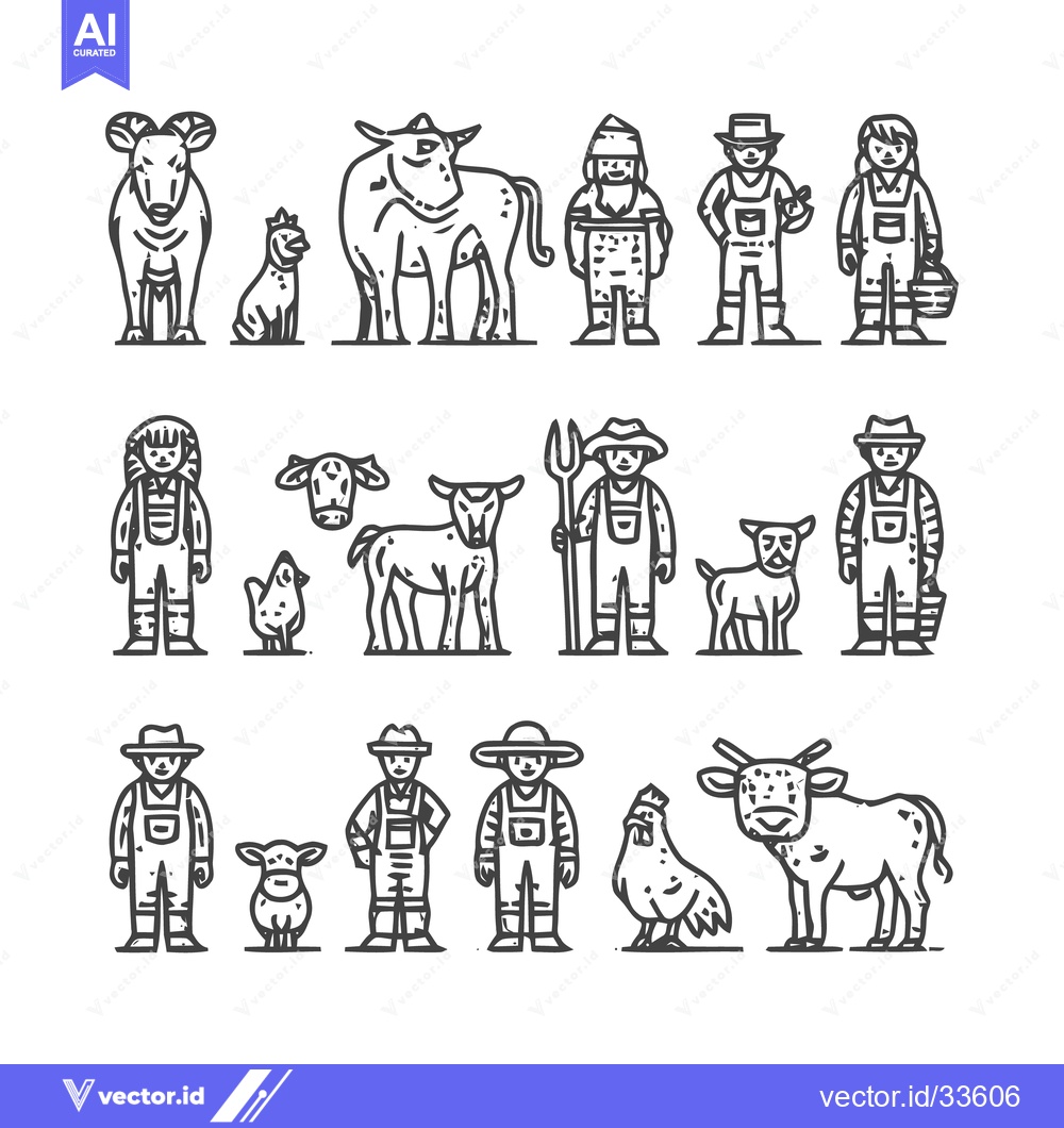 Premium Vector dari Farm Animals and Farmers - Line Art Illustration.