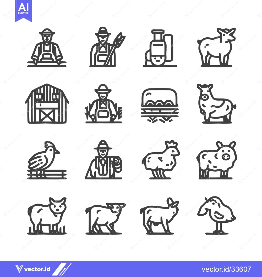 Premium Vector of Farm Icons - Agriculture, Animals, and Farming Symbols.