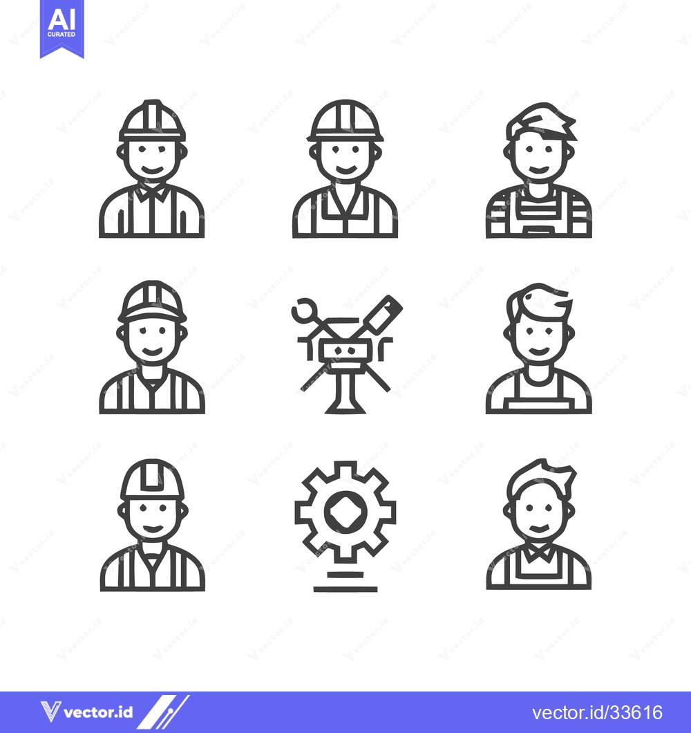 Premium Vector dari Construction Workers and Gear Icons - A Set of Line Art Illustrations.