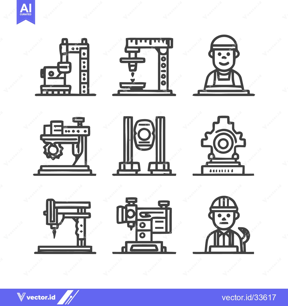 Premium Vector dari Industrial machinery and worker icons for manufacturing and engineerin