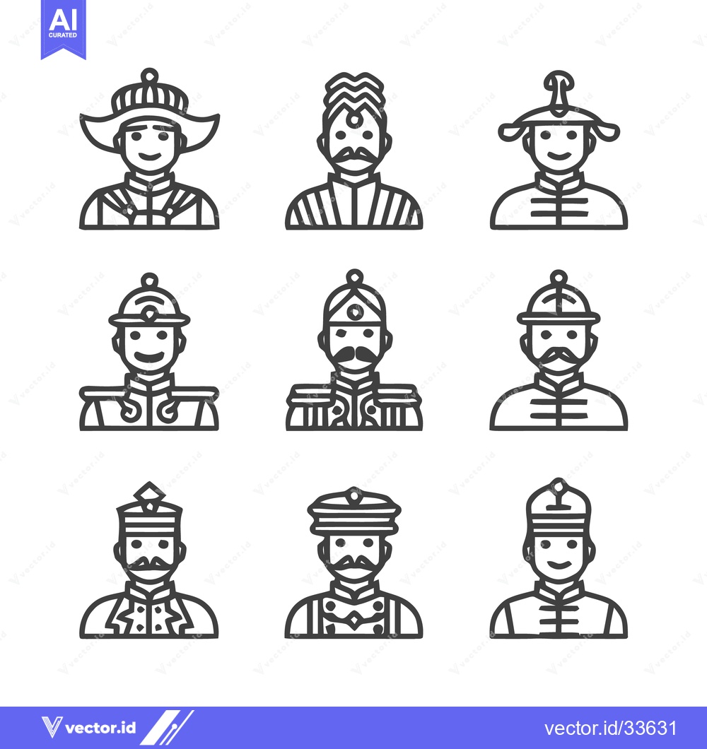 Premium Vector of Collection of Line Art Portraits of Men in Uniforms.