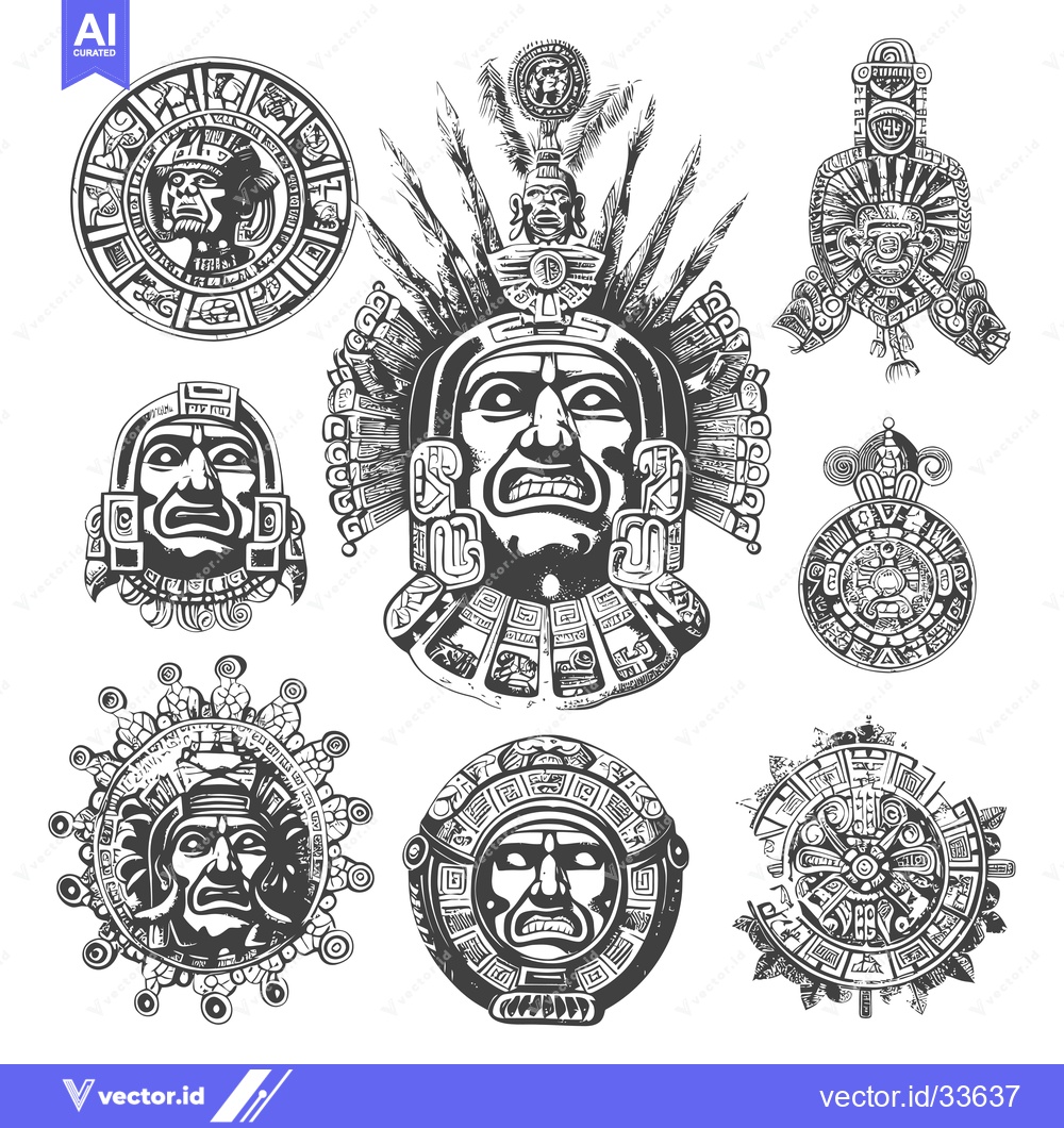 Premium Vector dari Collection of Mayan and Aztec Deity Masks and Calendar Symbols
