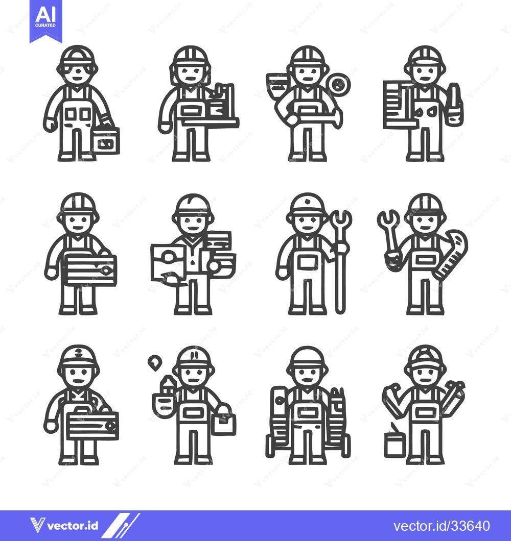Premium Vector dari Construction workers in various poses and with different tools.