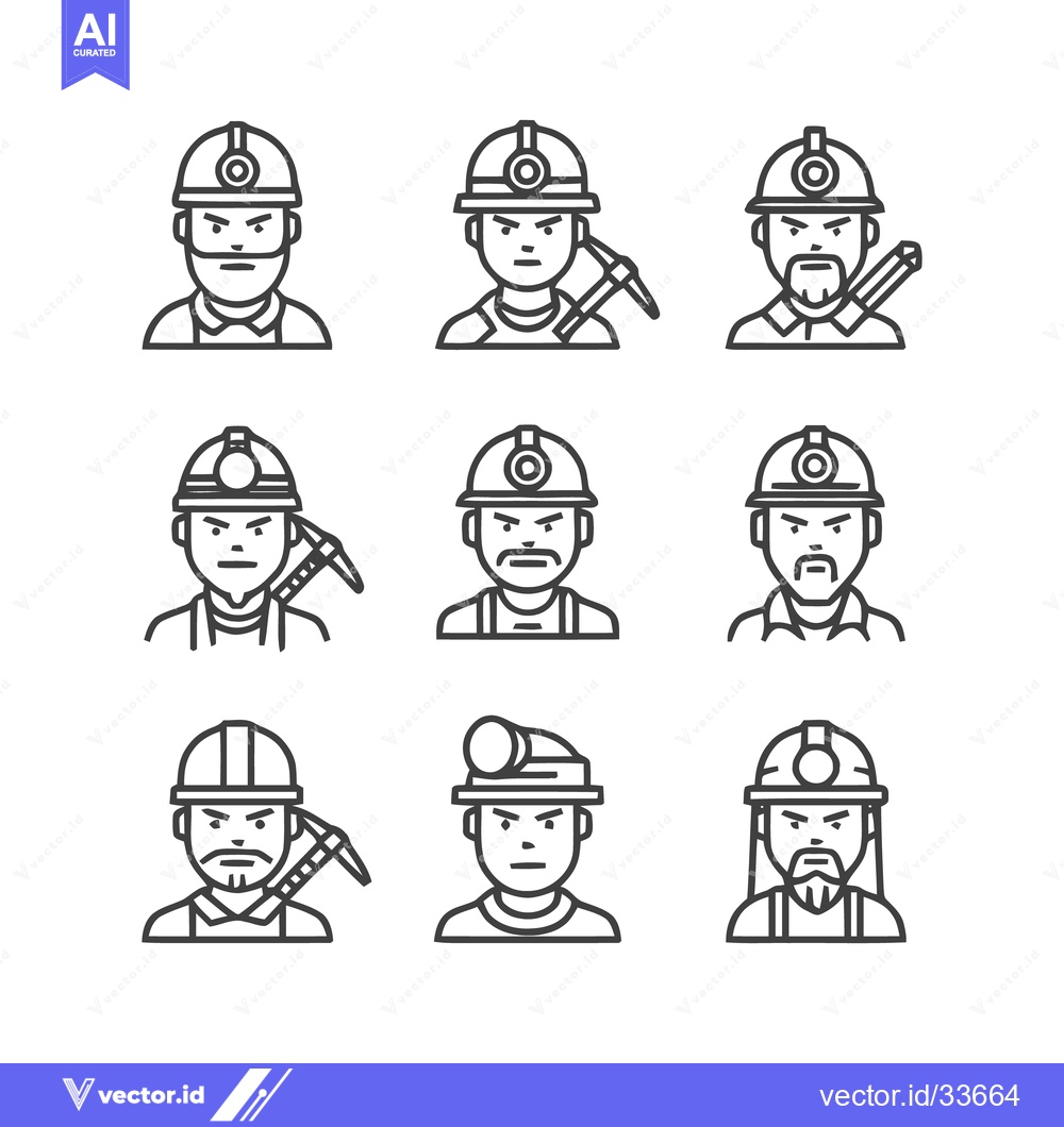 Premium Vector dari Diverse Line Art Miner Portraits Depicting Various Expressions and Too