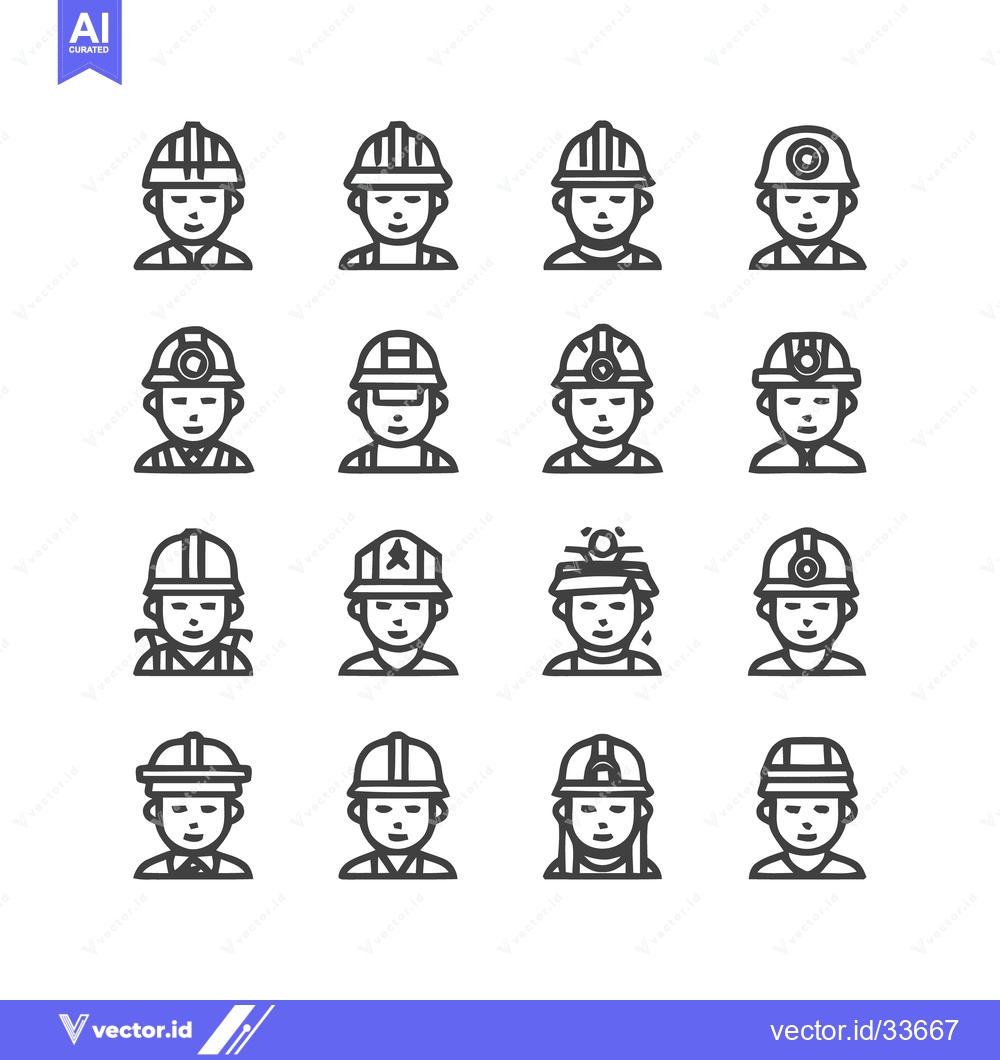 Premium Vector of Construction worker icons set, various helmet styles, line art, vector