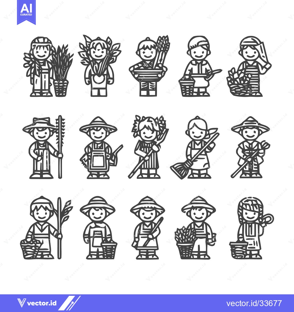Premium Vector of Line art illustrations of farmers and agricultural workers.