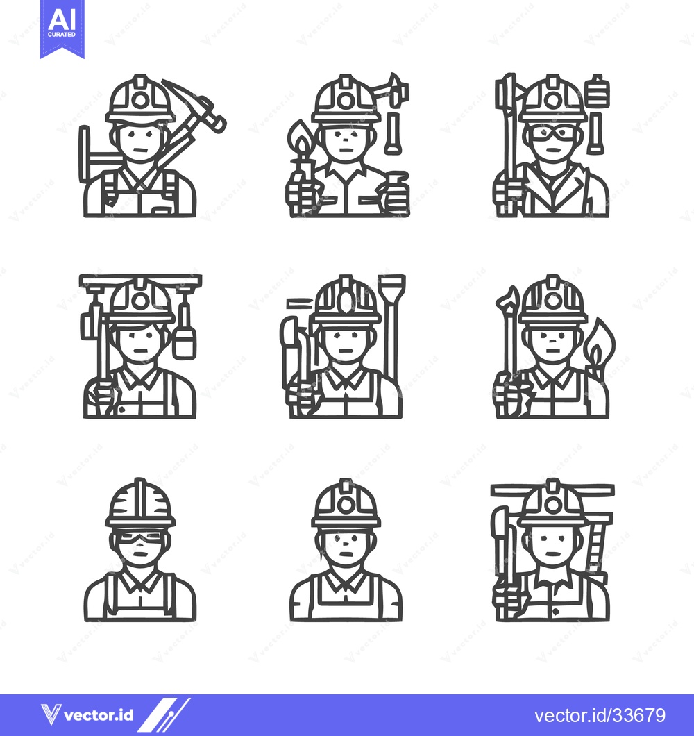 Premium Vector of Construction Workers with Tools - A Set of Line Art Icons.