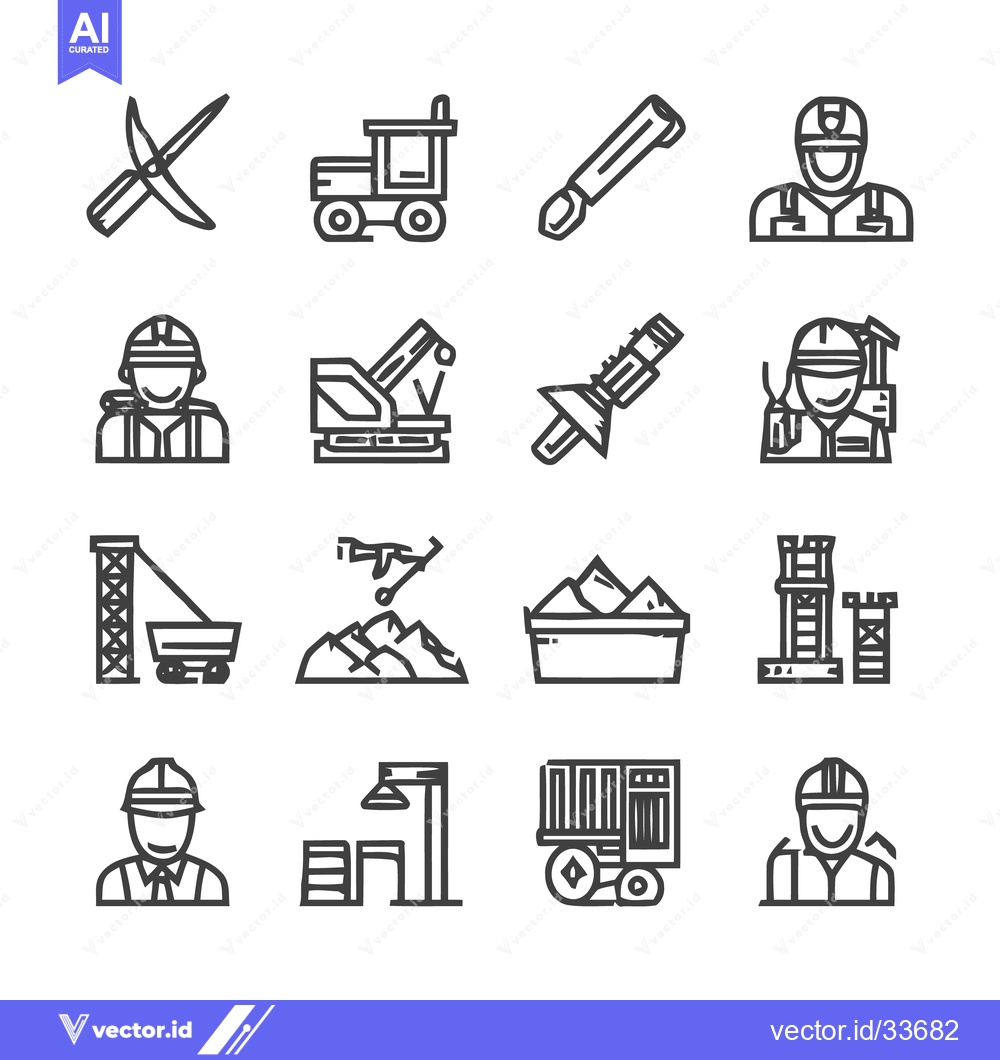 Premium Vector of Mining Industry Icons - Tools, Equipment, and Workers in Action.