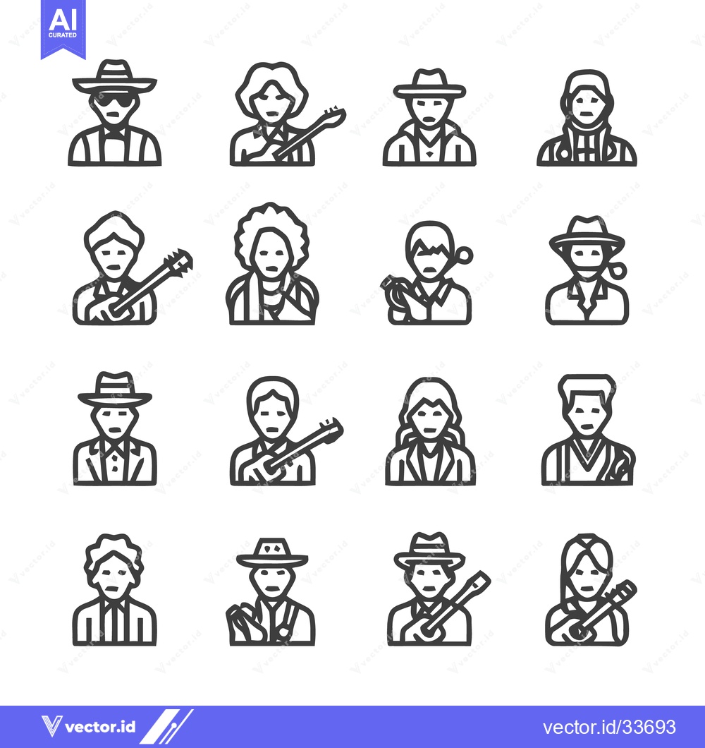 Premium Vector of Line art icons of people with musical instruments and hats.