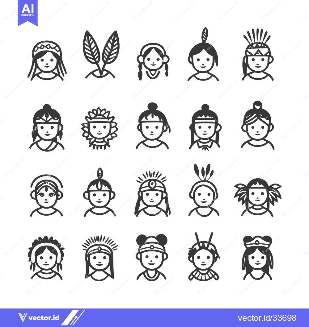 Premium Vector dari Collection of Native American Female Icons in Various Headdresses