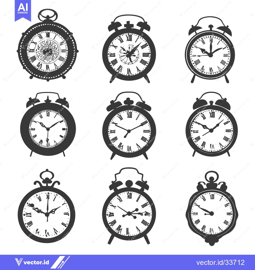 Premium Vector dari Collection of Nine Antique Alarm Clocks with Roman Numerals