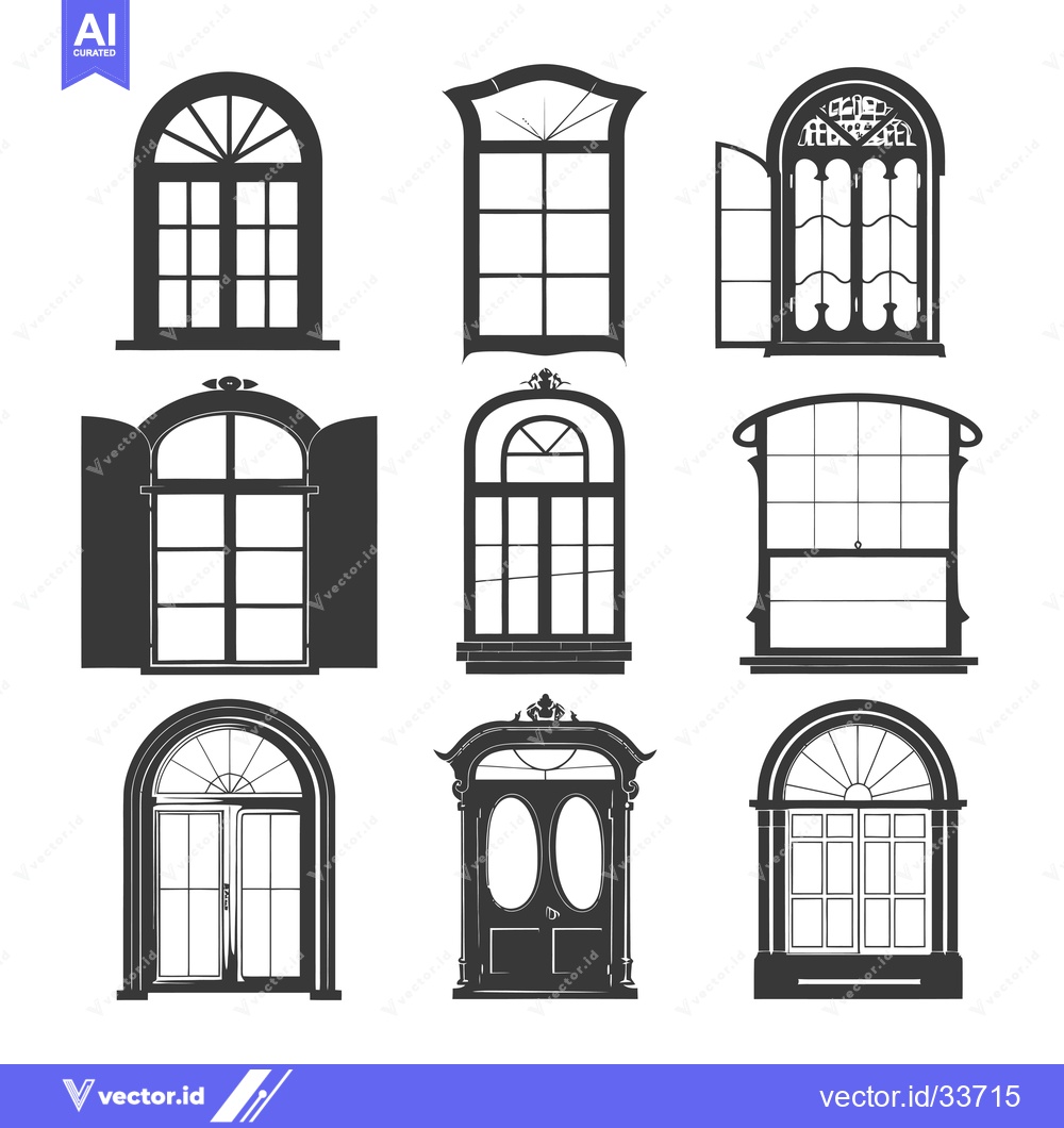 Premium Vector dari Collection of Nine Black and White Arched Windows and Doors