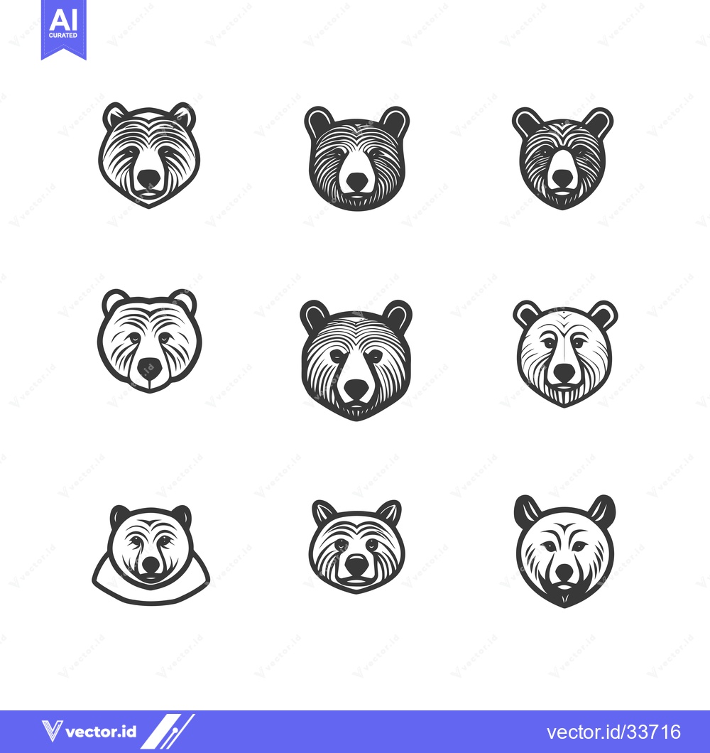 Premium Vector of Collection of Nine Black and White Bear Head Illustrations