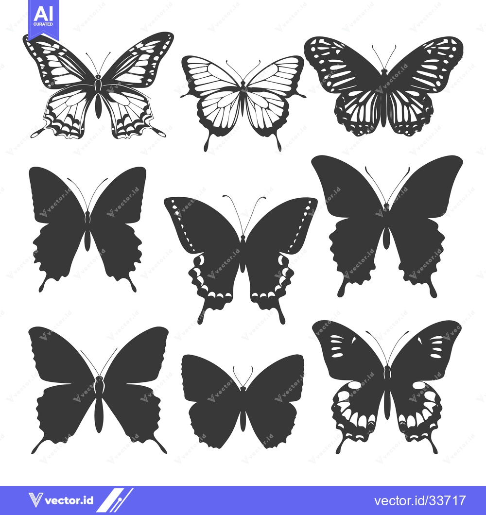 Premium Vector of Collection of Nine Black and White Butterfly Silhouettes