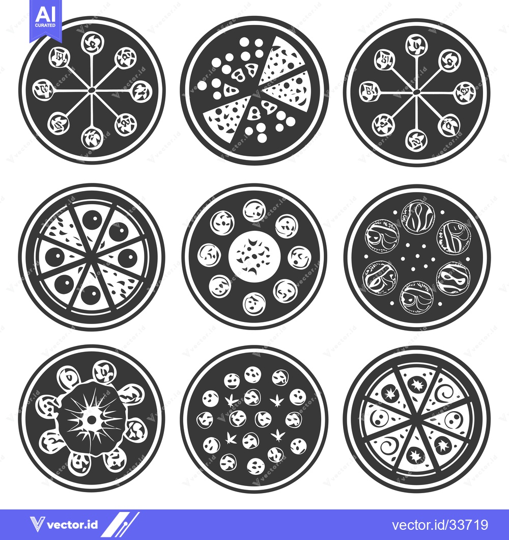 Premium Vector of Collection of Nine Black and White Circular Pizza Designs