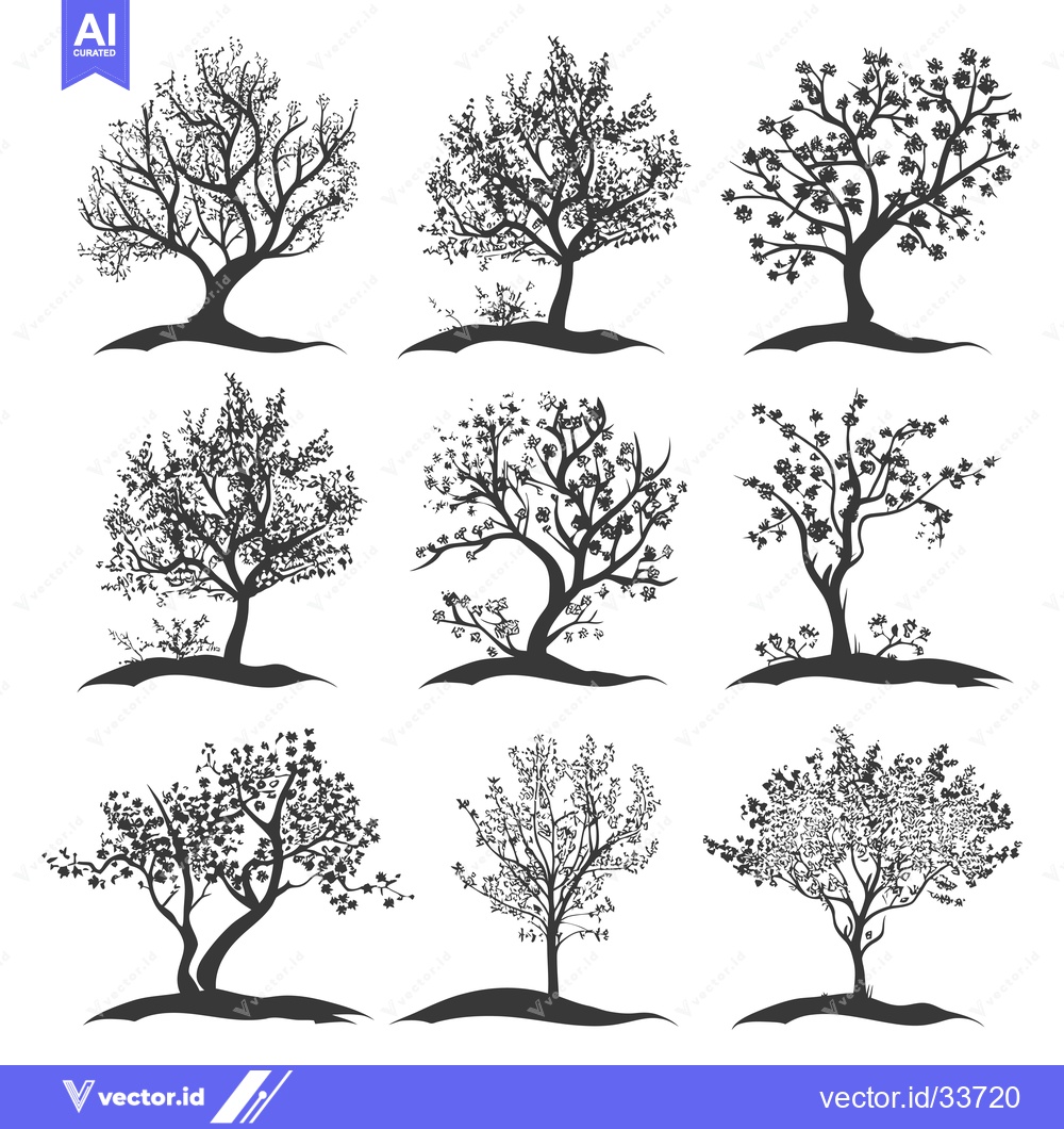 Premium Vector dari Collection of Nine Black and White Detailed Tree Silhouettes