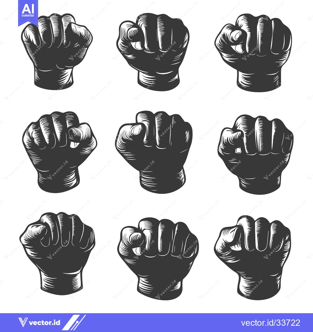 Premium Vector of Collection of Nine Black and White Fist Illustrations