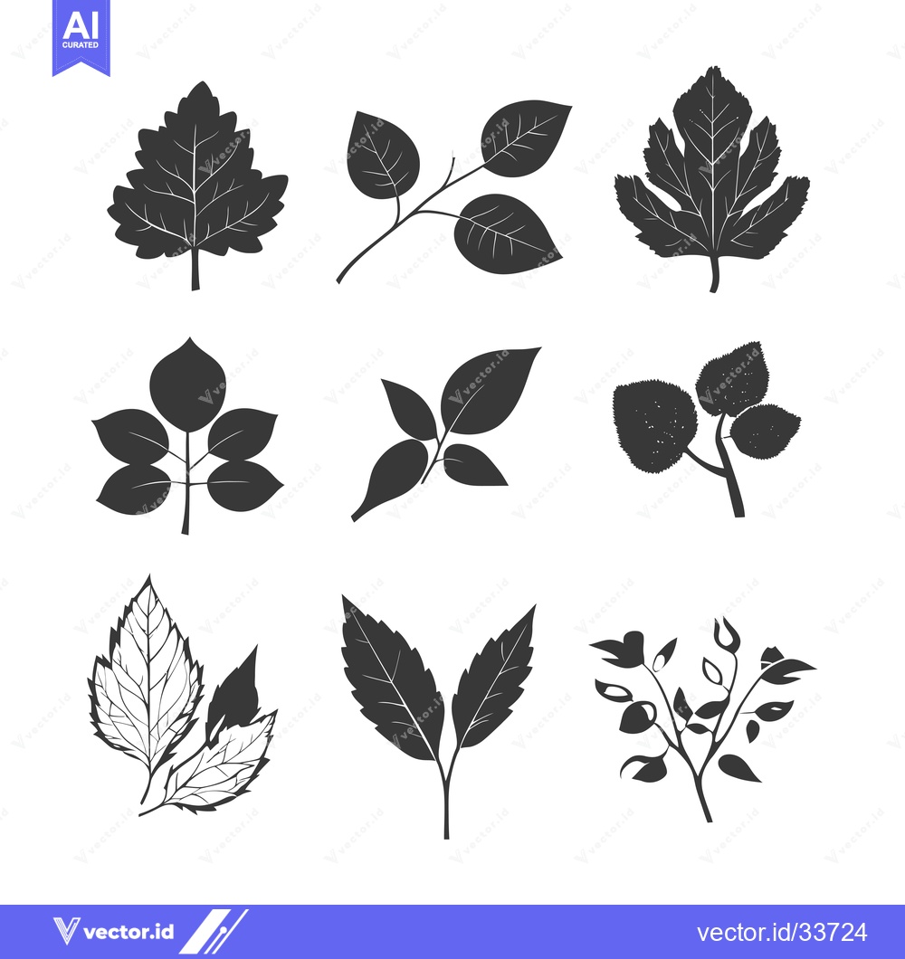 Premium Vector dari Collection of Nine Black and White Leaf Silhouettes