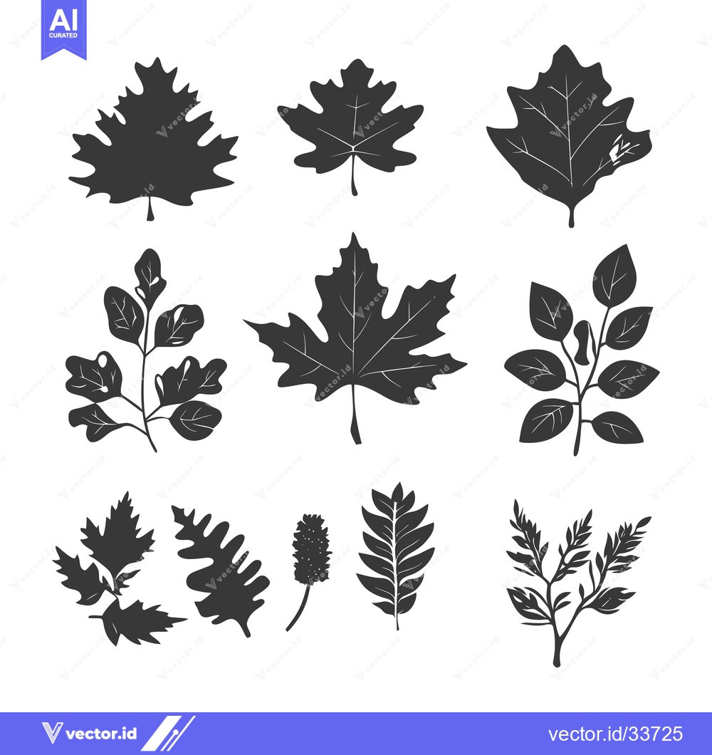 Premium Vector dari Collection of Nine Black and White Leaf Silhouettes