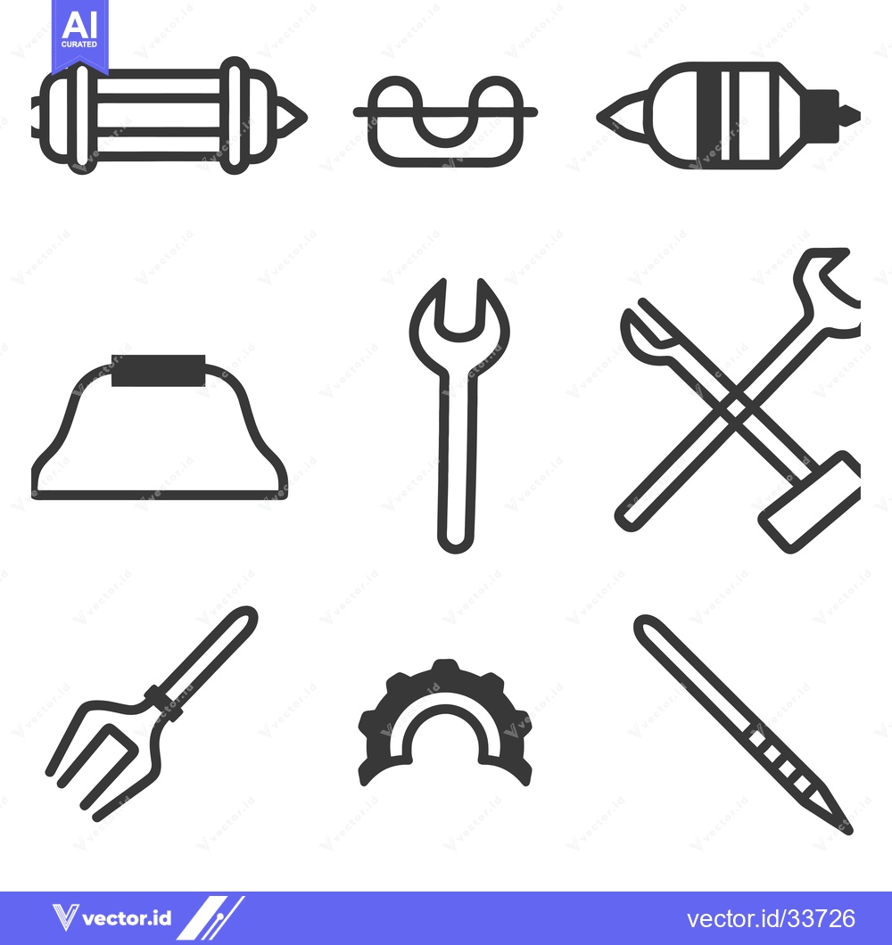 Premium Vector dari Collection of Nine Black and White Line Art Tool Icons