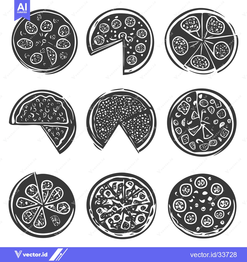 Premium Vector of Collection of nine black and white pizza illustrations