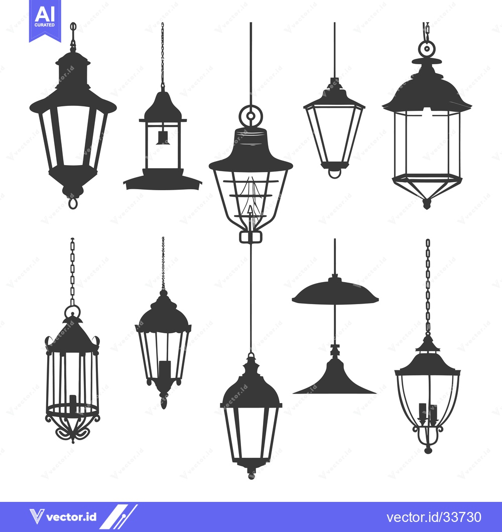 Premium Vector dari Collection of Nine Black and White Silhouettes of Hanging Lanterns