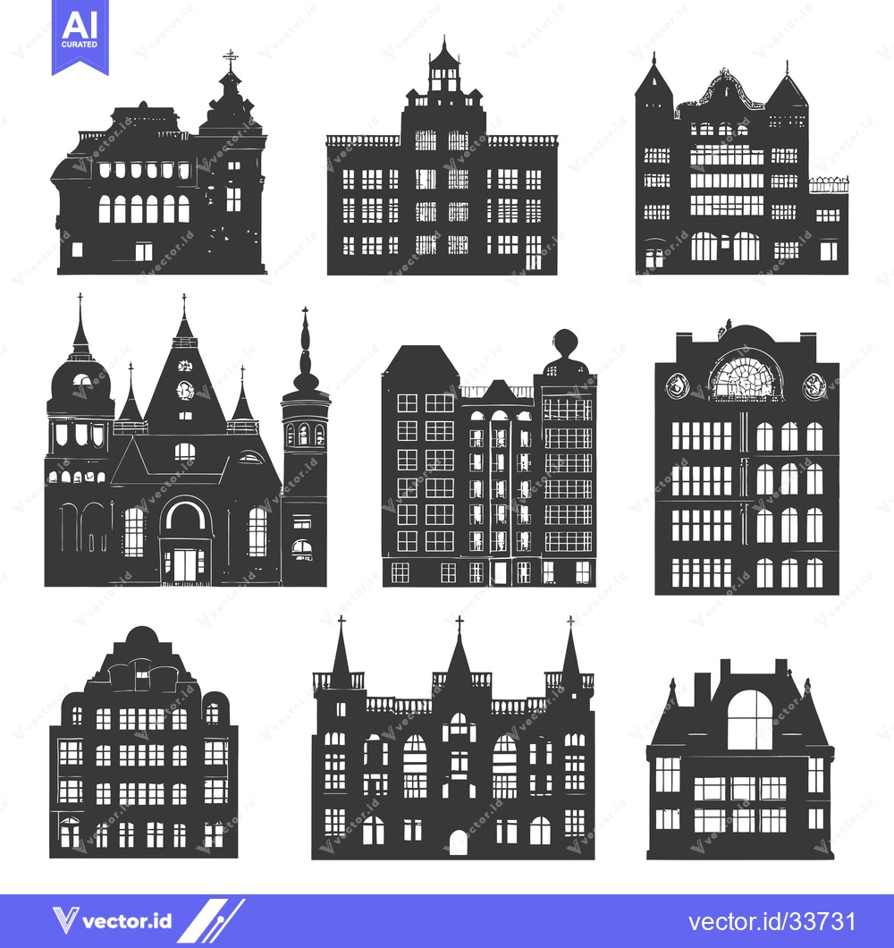 Premium Vector of Collection of Nine Black and White Silhouettes of Historic Buildings