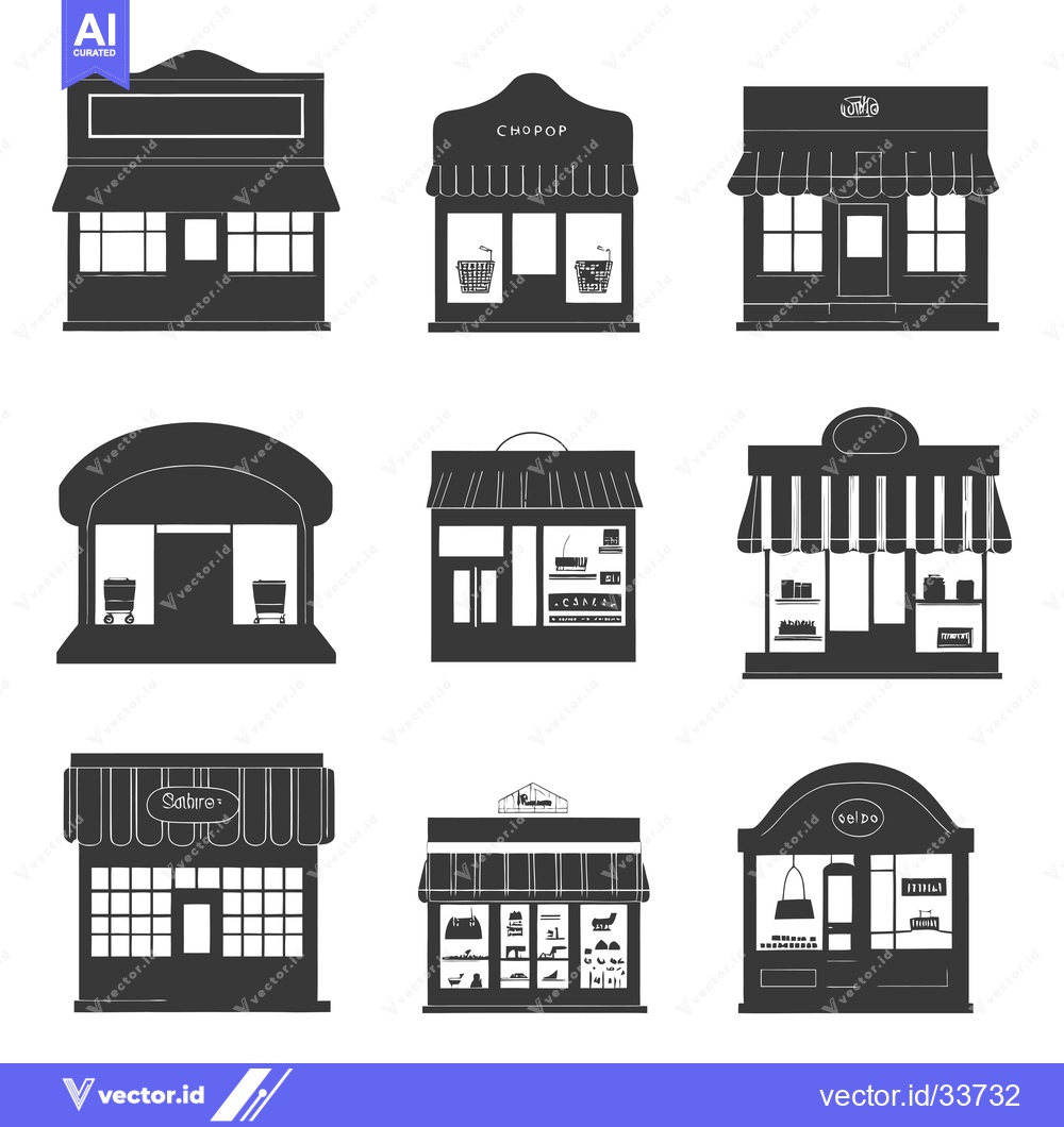 Premium Vector of Collection of Nine Black and White Silhouettes of Storefront Facades