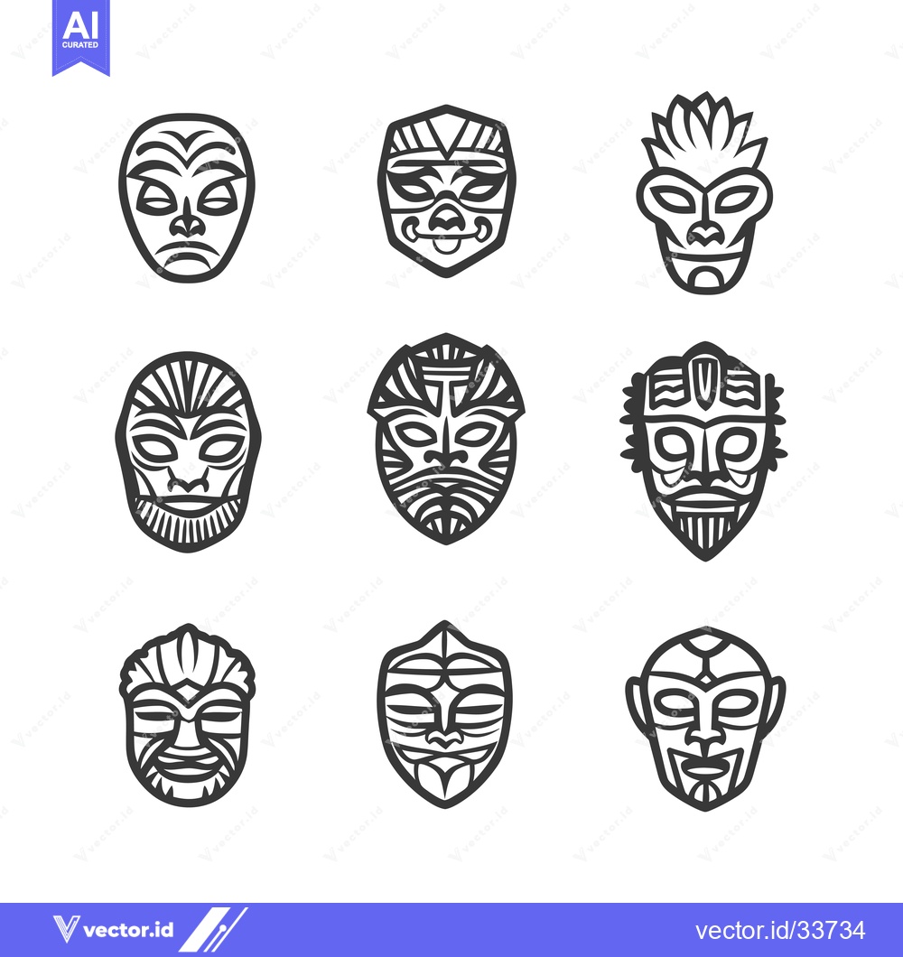 Premium Vector dari Collection of Nine Black and White Tribal Masks