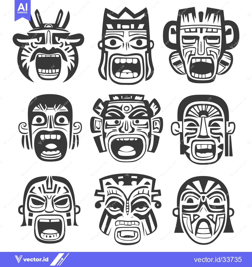 Premium Vector dari Collection of Nine Black and White Tribal Masks with Open Mouths
