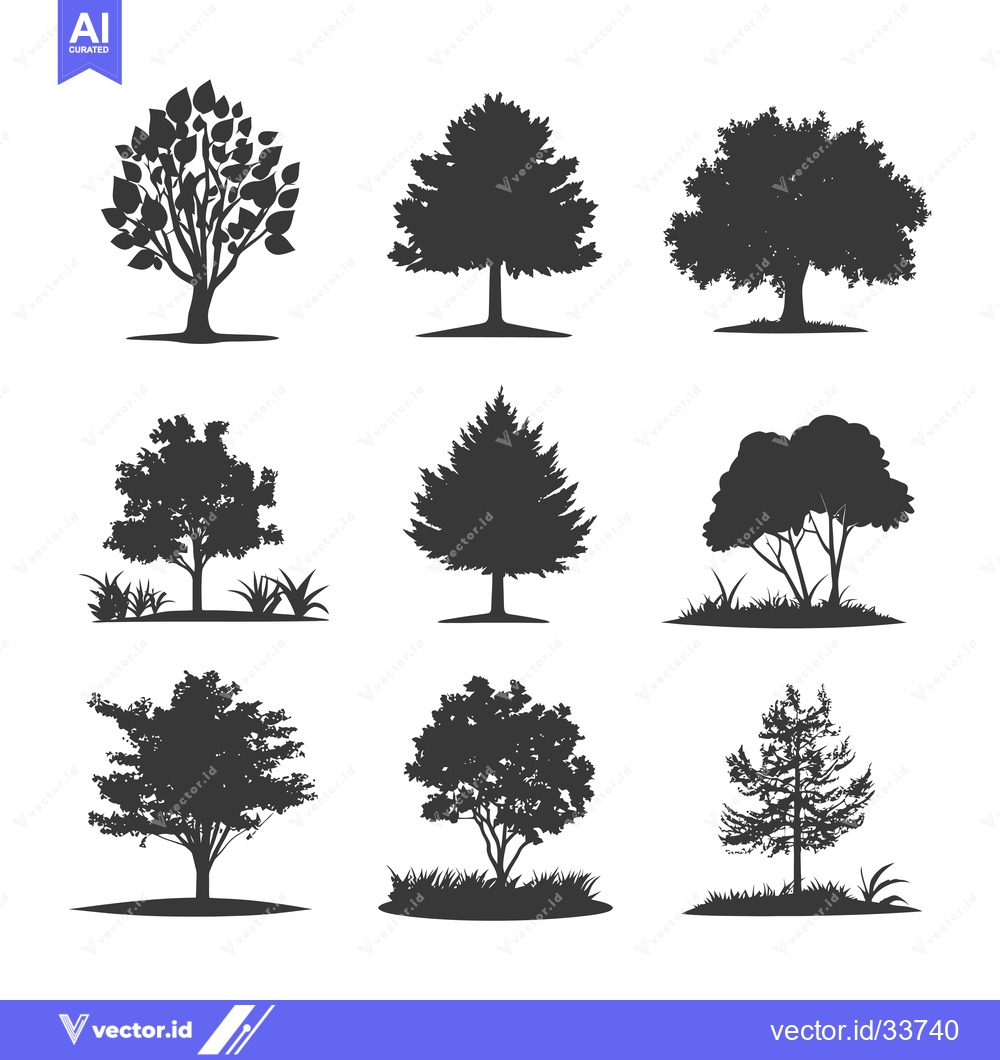 Premium Vector dari Collection of nine black tree silhouettes
