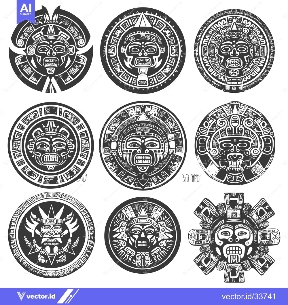 Premium Vector of Collection of Nine Circular Aztec Designs Featuring Masks