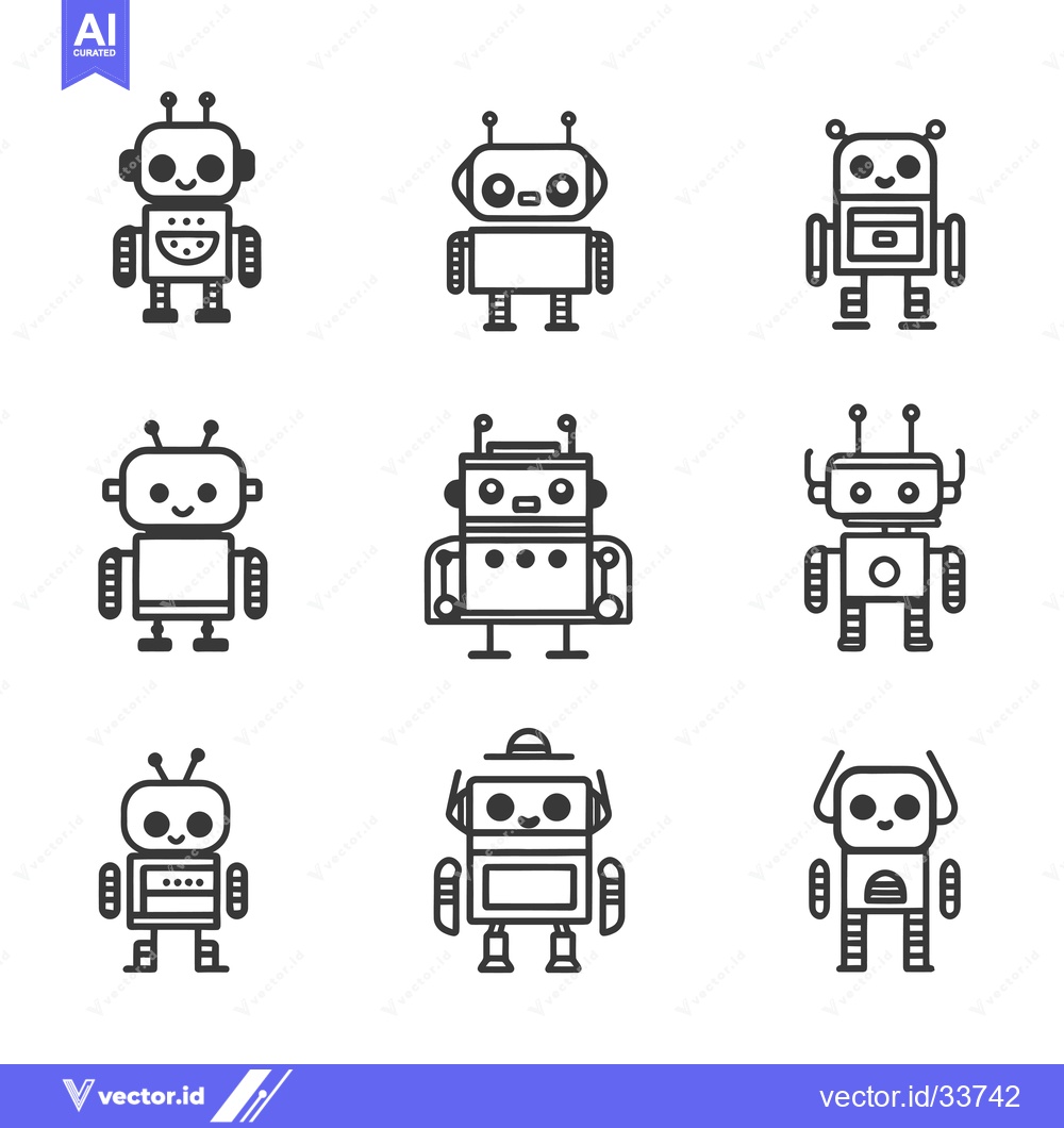 Premium Vector of Collection of Nine Cute Cartoon Robot Icons in Outline Style