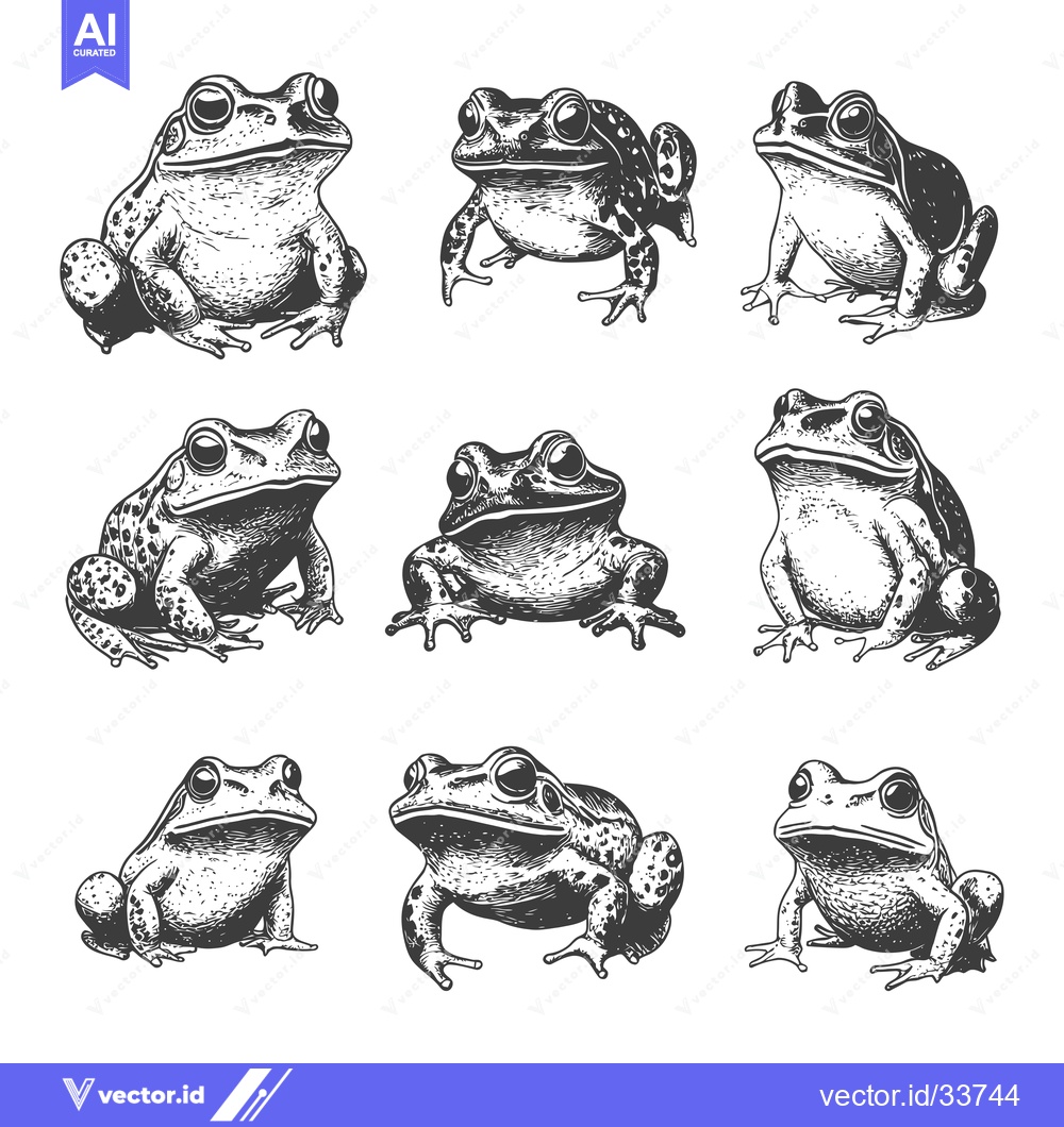 Premium Vector dari Collection of Nine Detailed Hand-Drawn Frogs